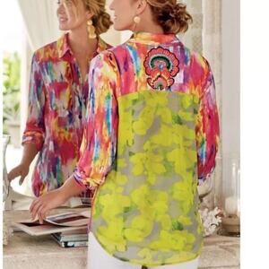 Soft Surroundings Festiva Vibrant Top Womens Small Mixed Print Embellished
